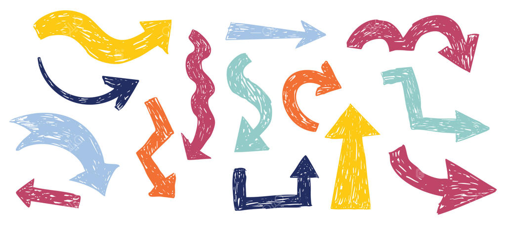 مجموعه طرح‌های فلش ضخیم؛ مداد شمعی یا گچ با بافت زده‌دار. شکل منحنی ساده به جهت‌های مختلف. مداد، ماژیک، پاستل.