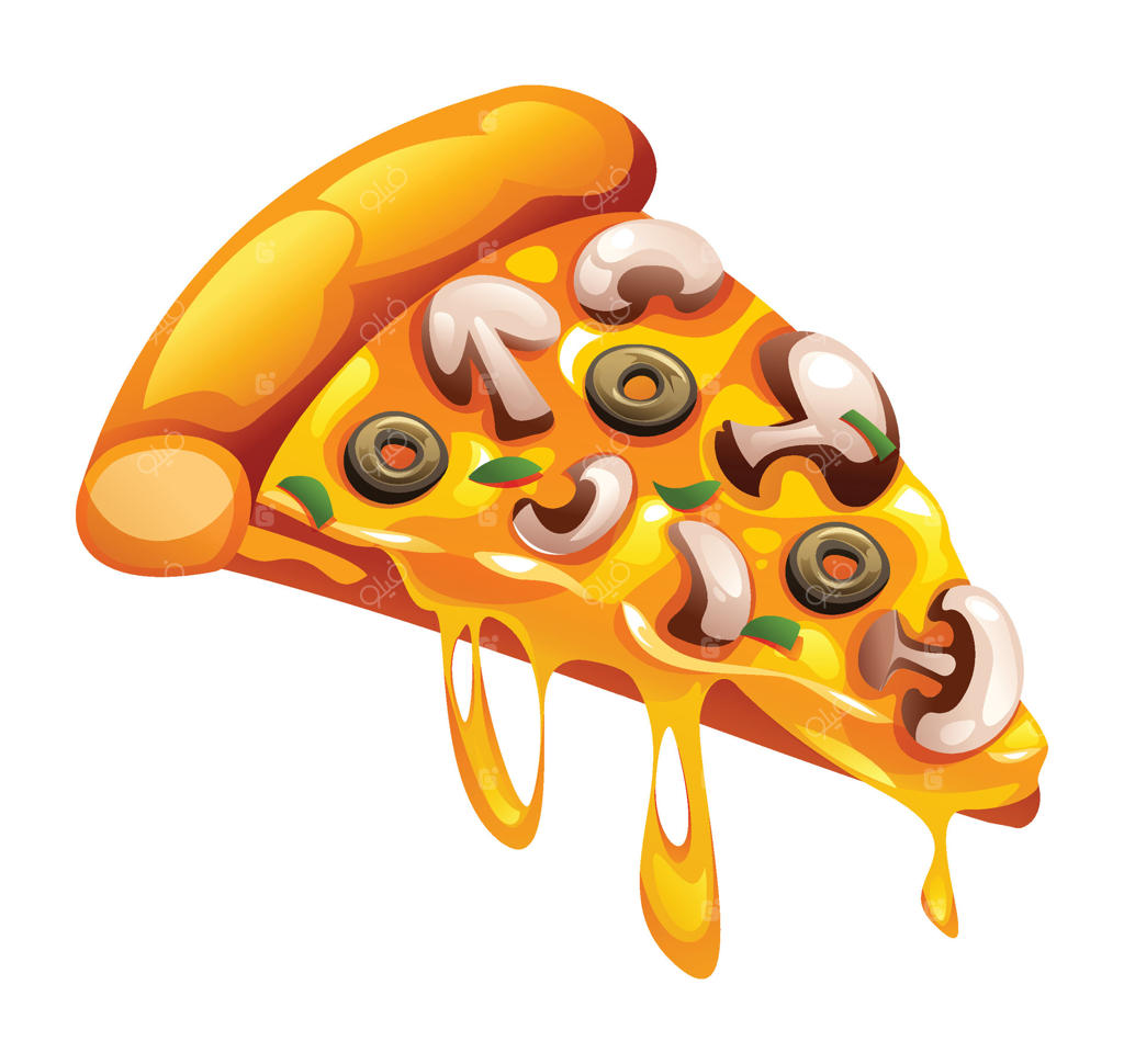 تصویر کارتونی از برش خوشمزه پیتزا قارچ و زیتون با پنیر آب‌شده روی زمینه سفید