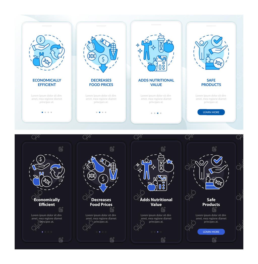 صفحه آنبوردینگ اپلیکیشن موبایل با موضوع معایب محصولات تراریخته در حالت شب و روز. راهنمای گرافیکی ۴ مرحله‌ای با طراحی خطی. قالب UI، UX و GUI. استفاده از فونت‌های Myriad Pro-Bold و Regular.