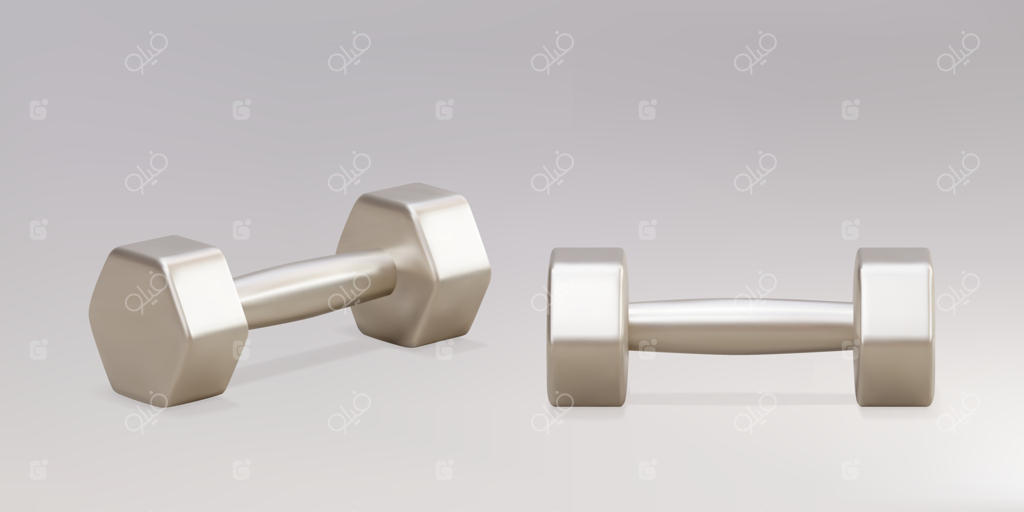 دو دمبل وزنه طلایی واقع‌گرایانه سه‌بعدی بر روی پس‌زمینه خاکستری. تصویر برداری.