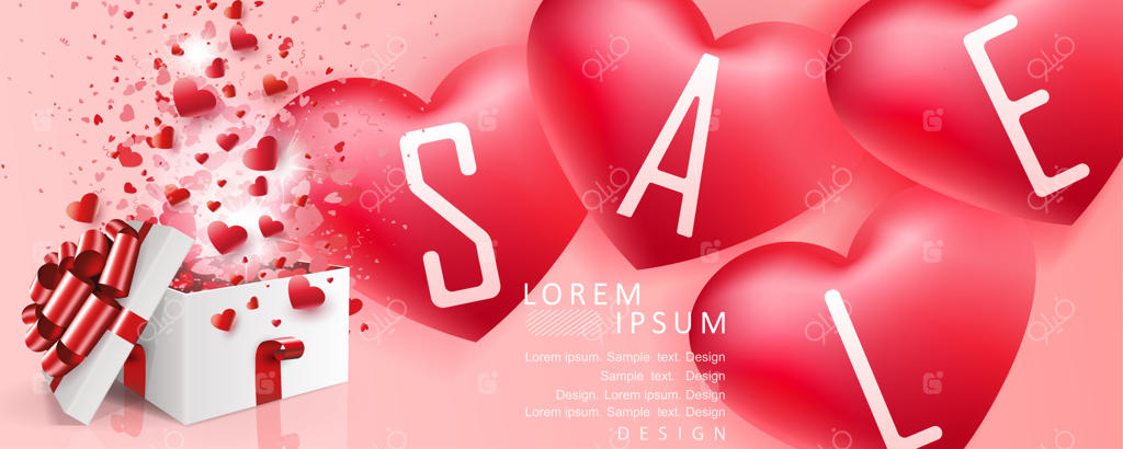 ترکیب قرمز با جعبه سفید، پاپیون و قلب‌ها و نوشته حراج