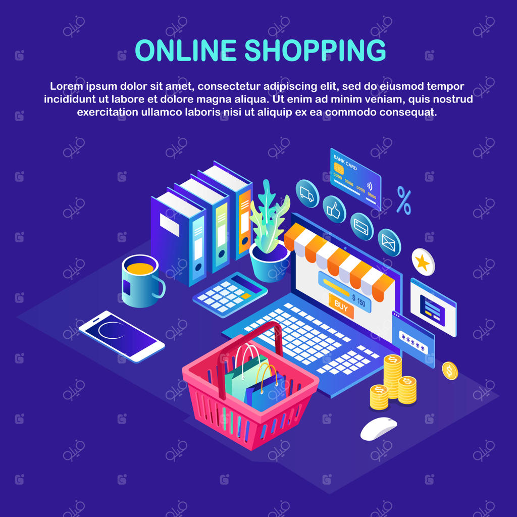 خرید آنلاین و مفهوم تخفیف: خرید از فروشگاه‌های اینترنتی. کامپیوتر ایزومتریک، سبد خرید و پول.