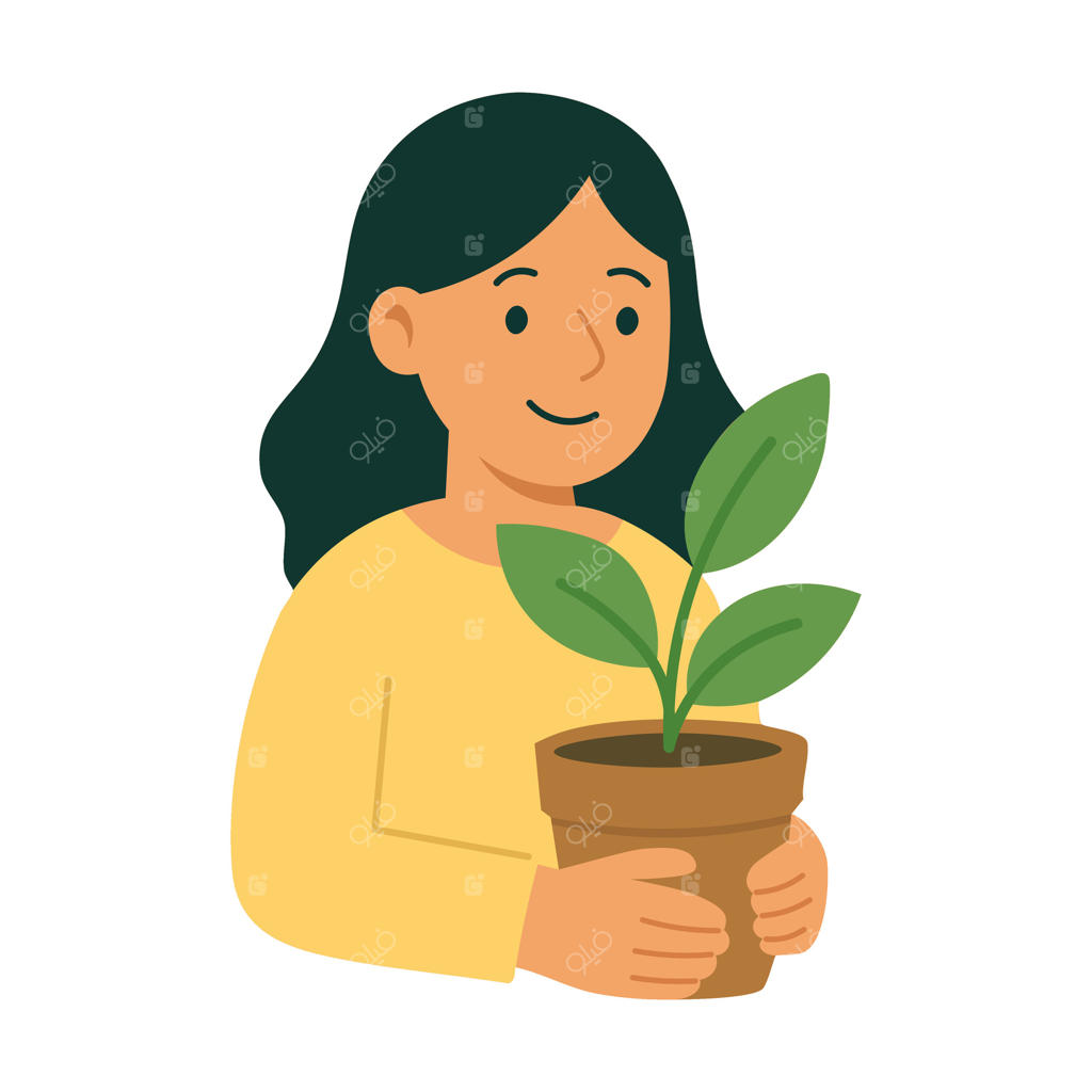 دختر خندان با گلدان سبز، نمادی از عشق به طبیعت و زندگی سازگار با محیط زیست.
