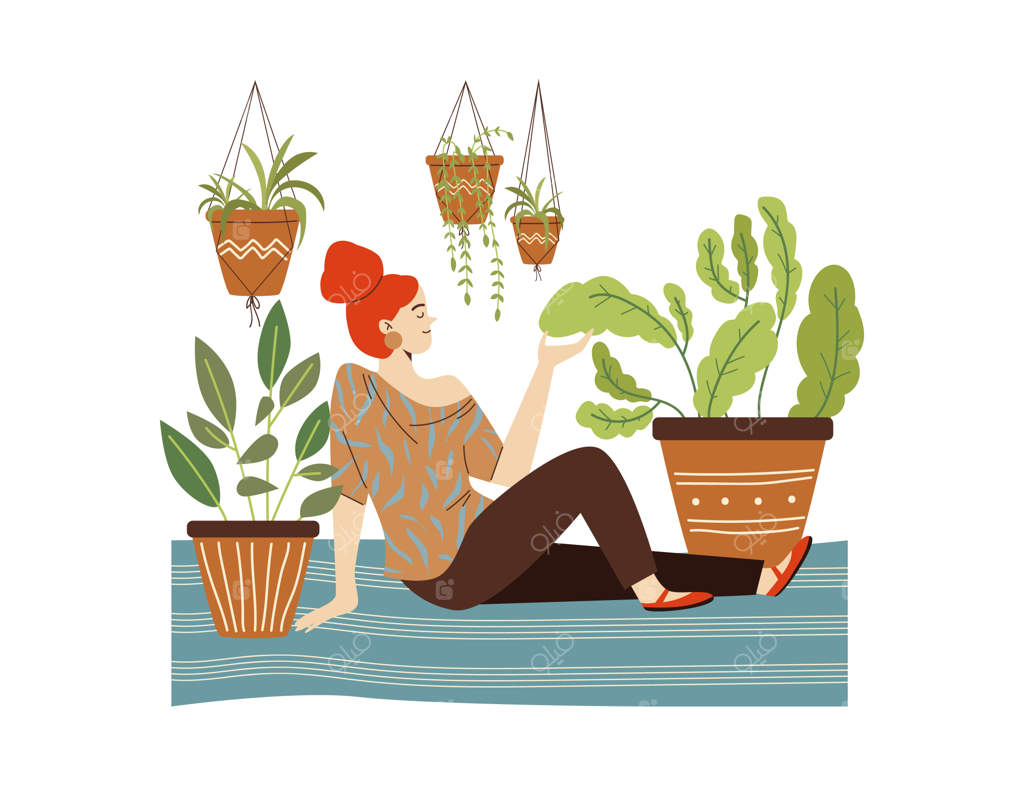 زنی در اتاق نشسته و گل‌ های خانگی را تحسین می‌کند - تصویر برداری وکتور