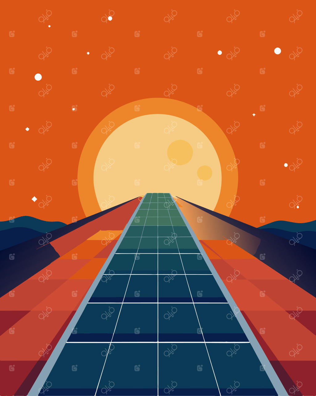 آرایه‌ای از پنل‌های خورشیدی، قدرت بی‌پایان خورشید را تا افق مهار می‌کند.. تصویرسازی.