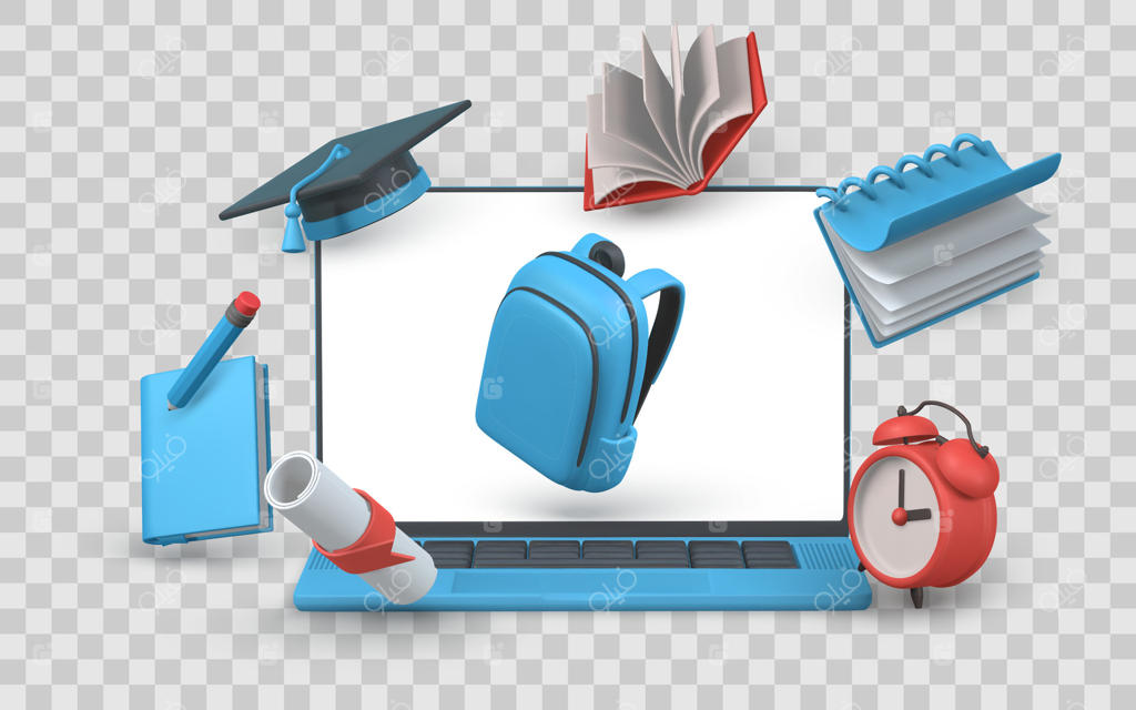 مفهوم آموزش با لوازم تحریر سه‌بعدی در حال شناور اطراف لپ‌تاپ شامل کوله‌پشتی، کتاب‌ها، کلاه و ساعت زنگ‌دار. مناسب برای آموزش آنلاین و بازگشت به مدرسه. تصویرسازی
