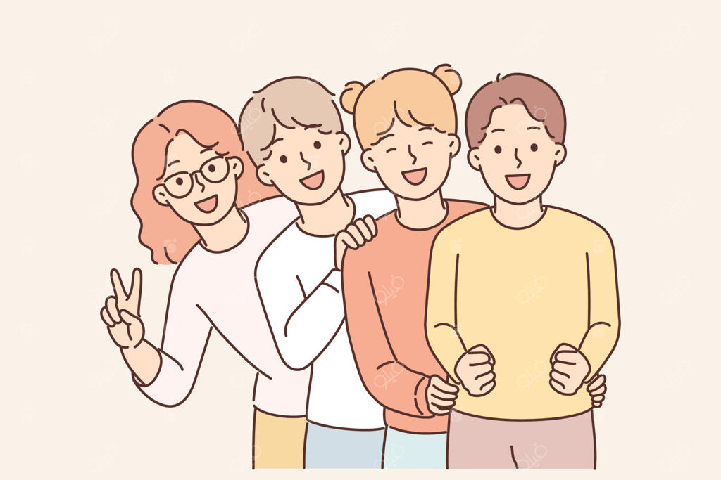 خنده و شادی دانش‌آموزان دختر و پسر دبستانی که پشت سر هم ایستاده‌اند؛ لذت بردن بچه‌ها از زنگ تفریح یا پایان روز مدرسه