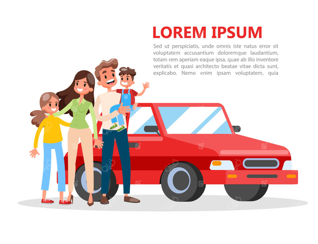 خانواده‌ای در کنار ماشین قرمز ایستاده‌اند. زمان سفر فرا رسیده است.