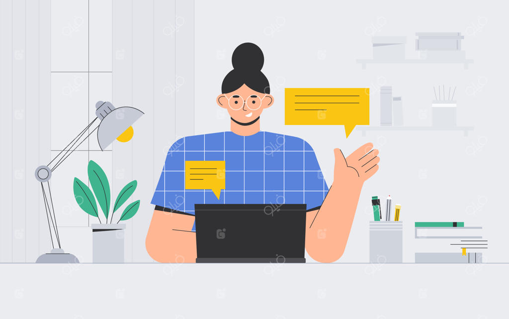 زن جوانی با عینک پشت لپ‌تاپ نشسته و در شبکه‌های اجتماعی ارتباط برقرار می‌کند.