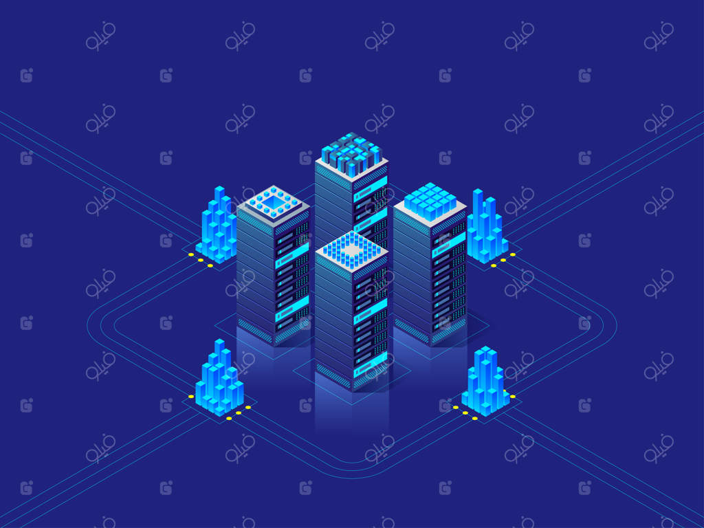 مفهوم مرکز داده: پس‌زمینه فناوری پیشرفته برای وب‌سایت، هدر و بنر - تصویر ایزومتریک