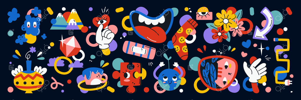 مجموعه نمادهای کارتونی شوخ با طرح‌های انتزاعی و کمیک