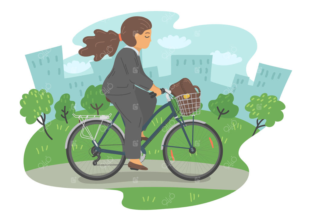 بانویی با لباس رسمی و دوچرخه در پارک شهر، زن تاجر با کیف در حال دوچرخه‌سواری.