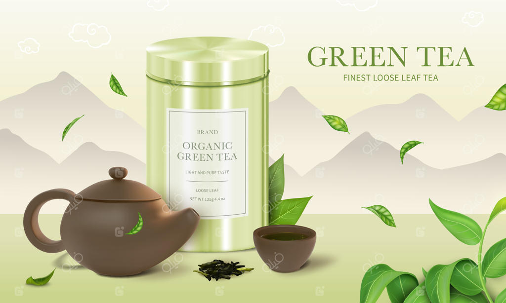 پوستر و بنر تبلیغاتی چای سبز لوکس با طراحی واقع‌گرایانه سه‌بعدی و جزئیات دقیق. وکتور