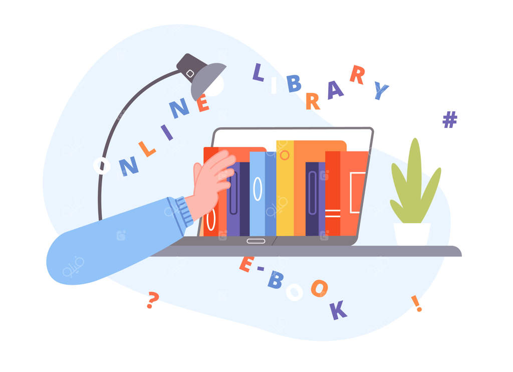 کتابخانه صفحه نمایش لپ‌تاپ: ادبیات الکترونیکی، فرهنگ لغت آنلاین، آموزش مجازی، مدرسه دیجیتال، دانش الکترونیکی، کسب‌وکار، دوره آموزشی بر روی کامپیوتر خانگی - تصویر برداری