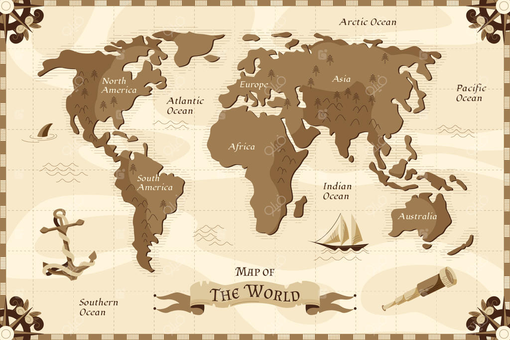 تصویری از نقشه جهان قدیم به‌صورت دست‌کشیده