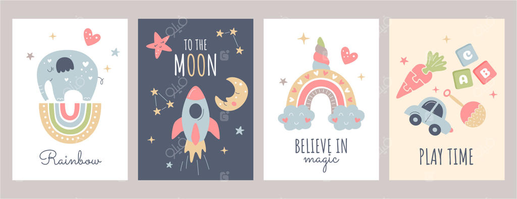 مجموعه پوسترهای کودکانه بامزه به سبک بوهو و اسکاندیناوی؛ کارت‌های تزیینی اتاق نوزاد با طرح رنگین‌کمان، ابر، اسباب‌بازی، فیل، موشک و ماه. دکوراسیون چاپی اتاق کودک و تابلوهای دیواری همراه با نوشته‌های گرافیکی