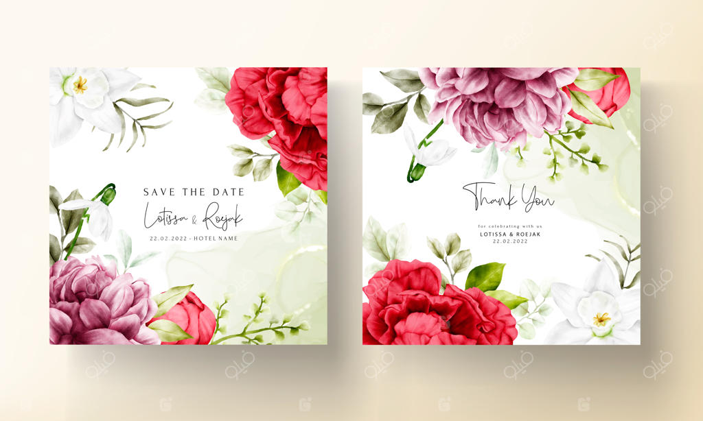 الگوی کارت دعوت زیبا با طراحی گل صد تومانی آبرنگی شکوفا شده