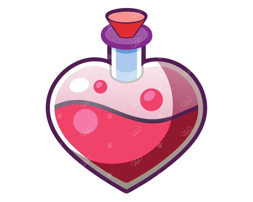تصویر کارتونی زیبا با یک بطری معجون قلبی‌شکل پر از مایع قرمز و حباب‌های جذاب