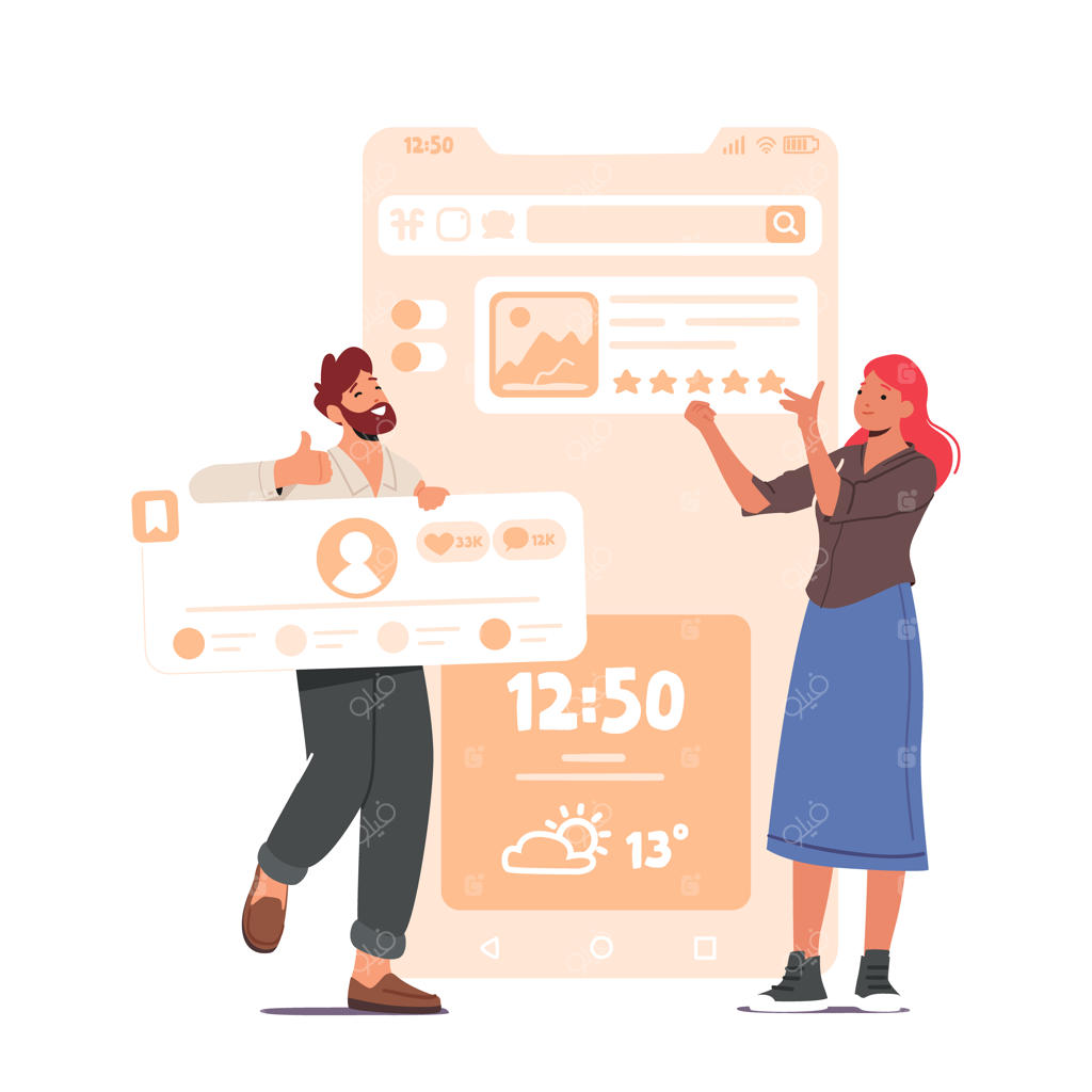 تصویرسازی کاراکترهای طراح در حال طراحی UI/UX وب‌سایت و برنامه‌نویسی اپلیکیشن موبایل