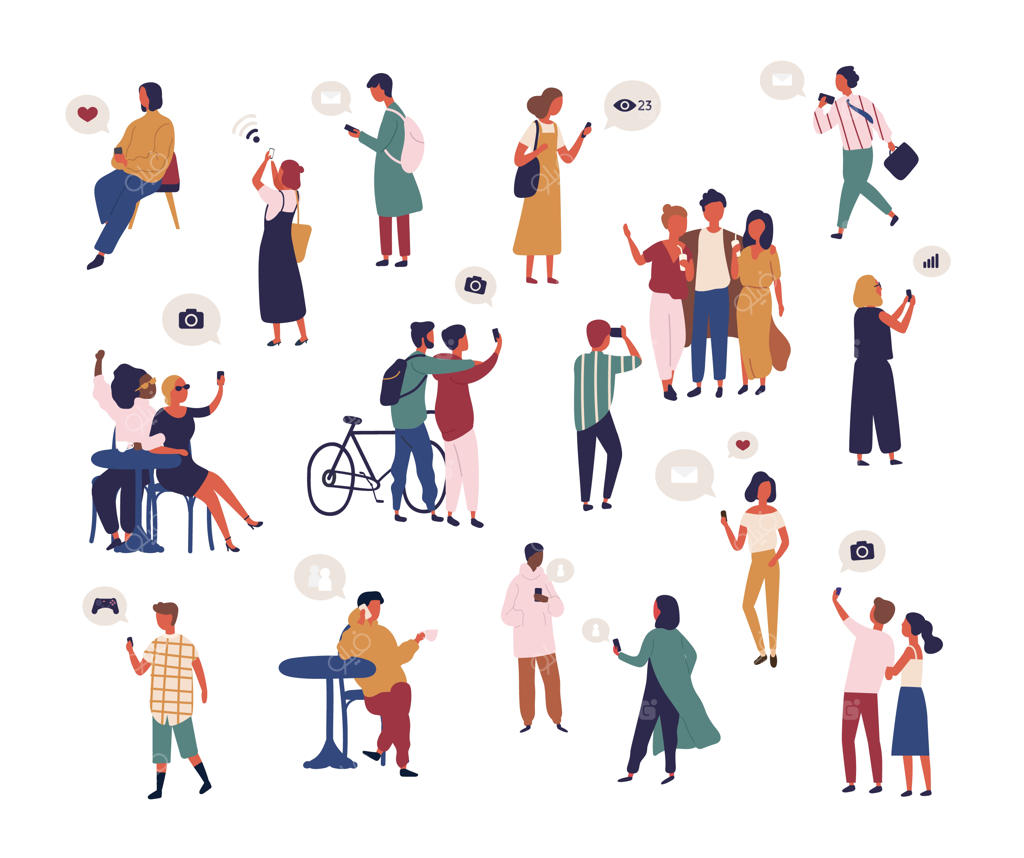 مجموعه‌ای از افراد در حال بررسی شبکه‌های اجتماعی، گرفتن سلفی و جستجوی سیگنال وای‌فای با گوشی هوشمند. مجموعه‌ای از مردان و زنان در حال گشت‌وگذار در اینترنت با موبایل. تصویرسازی کارتونی و تخت.