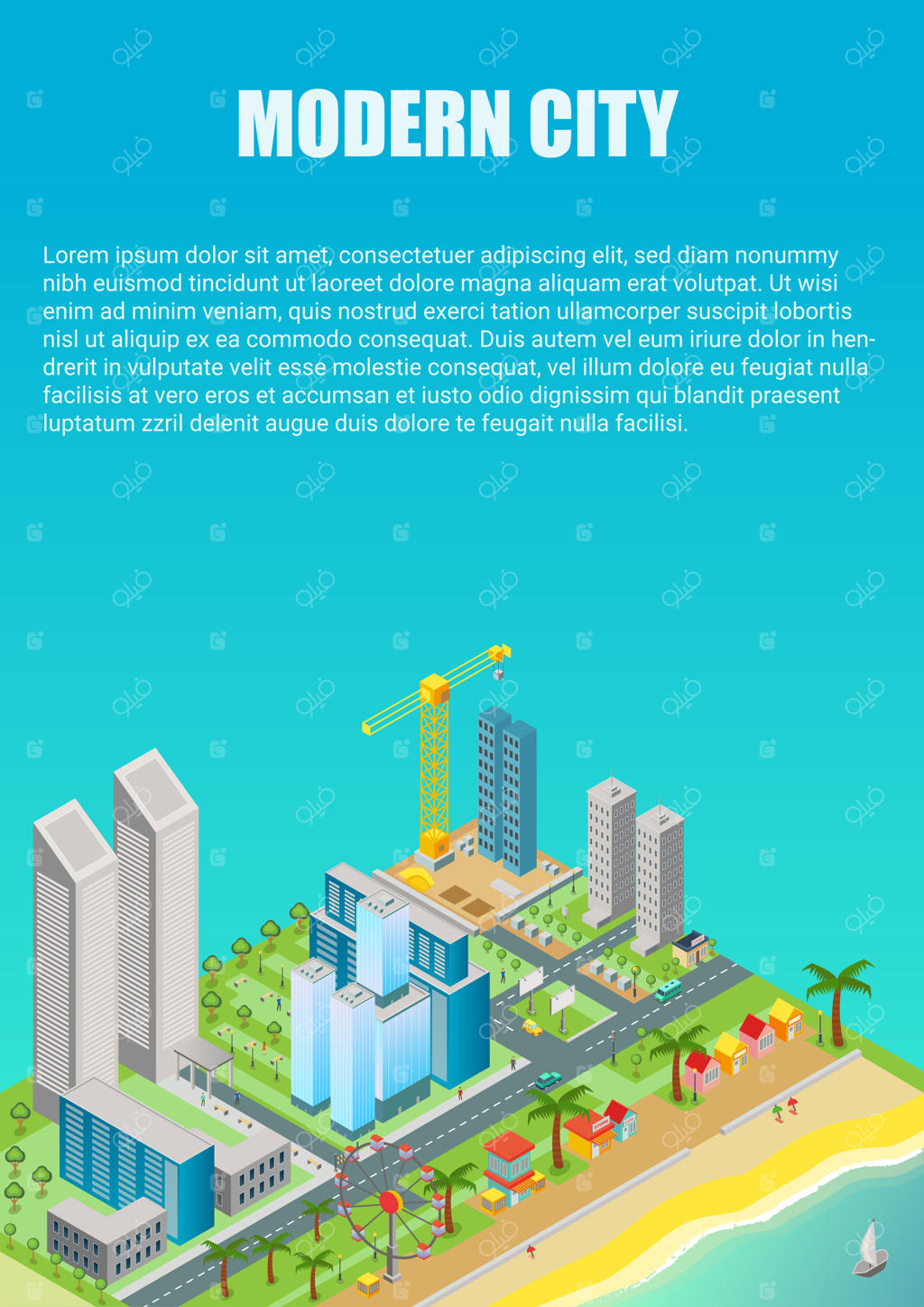 نقشه ایزومتریک شهر با ساختمان‌های مدرن و منطقه ساحلی