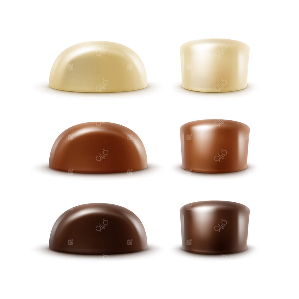 مجموعه‌ای از شکلات‌های تلخ، سفید و شیری با رنگ‌های سیاه و تیره در اشکال متفاوت روی زمینه سفید