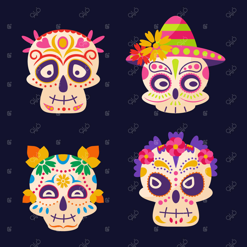 جمجمه‌های رنگارنگ روز مردگان با گل‌ها و تزئینات درخشان. عناصر طراحی روز مردگان برای پوسترها، صنایع دستی، طراحی‌ مهمانی و جشن‌های فرهنگی. تصویرسازی.