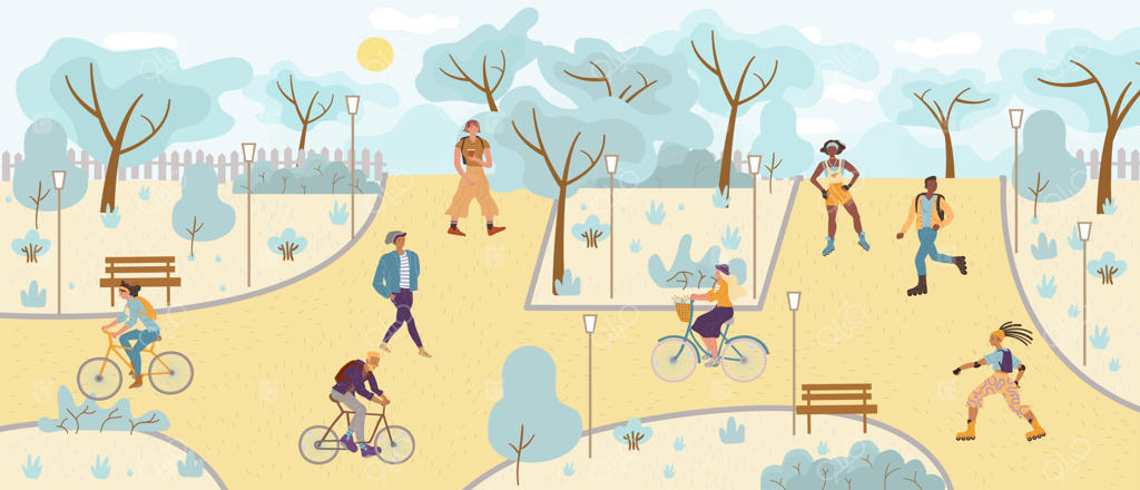 افرادی که در پارک استراحت می‌کنند، پیاده‌روی و دوچرخه سواری و اسکیت می‌کنند