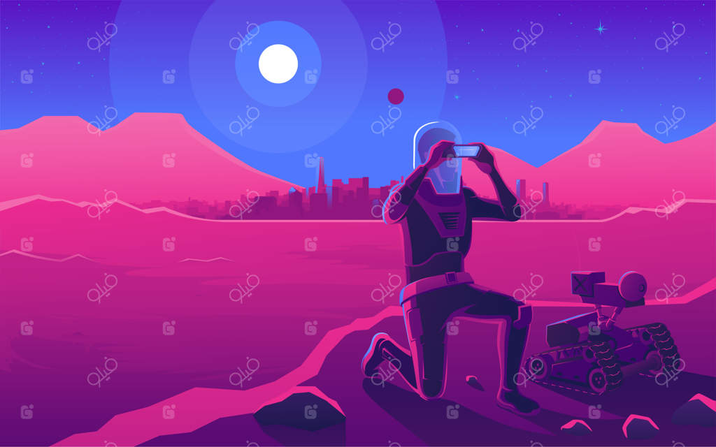 فضانورد و ربات در سیاره‌ای دیگر. غروب خورشید در جهانی بیگانه. تصویرسازی کارتونی کتاب مصور در سبک پاپ آرت.