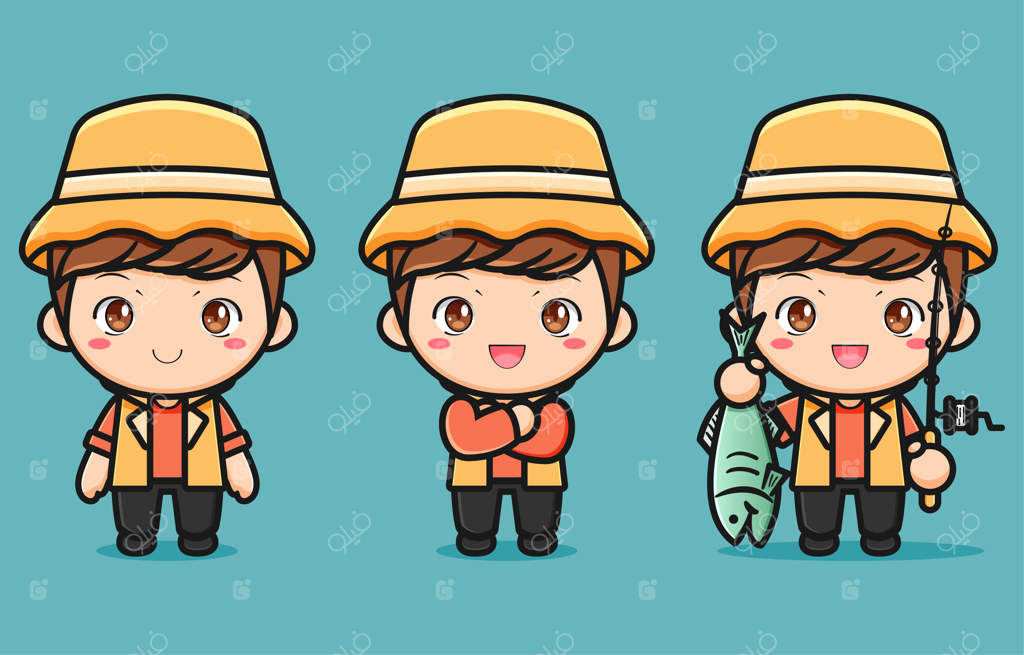 ماهیگیر جوان بامزه با چوب ماهیگیری و ماهی بزرگ