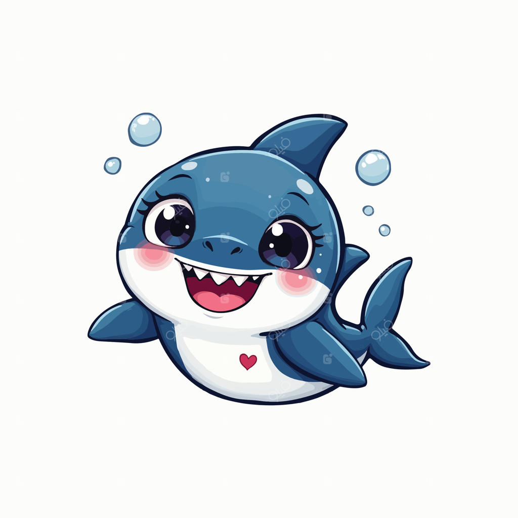 کوسه آبی شاد با طرح قلب در یک تصویر کارتونی پرنشاط