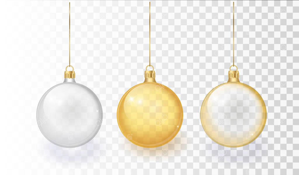 مجموعه ماکت توپ شیشه‌ای براق کریسمس به‌صورت وکتور، نمای نزدیک و مجزا بر روی زمینه شفاف