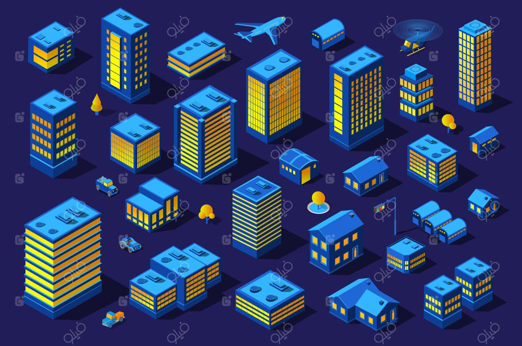 شهر هوشمند آینده در شب با طرح سه‌بعدی نئونی و فرابنفش