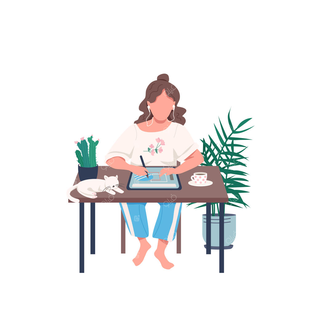 طراح با تبلت - شخصیت بدون جزئیات. کلاس مجازی برای هنرمندان. دختری که با قلم روی دستگاه طراحی می‌کند. سرگرمی خلاقانه - تصویرسازی کارتونی برای طراحی وب و انیمیشن