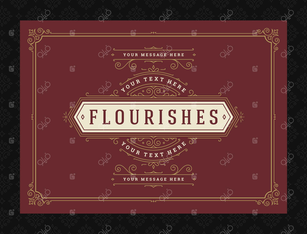 قالب طراحی کارت تبریک قدیمی با قاب شامل مارپیچ‌ها و تزیینات خطاطی‌شده