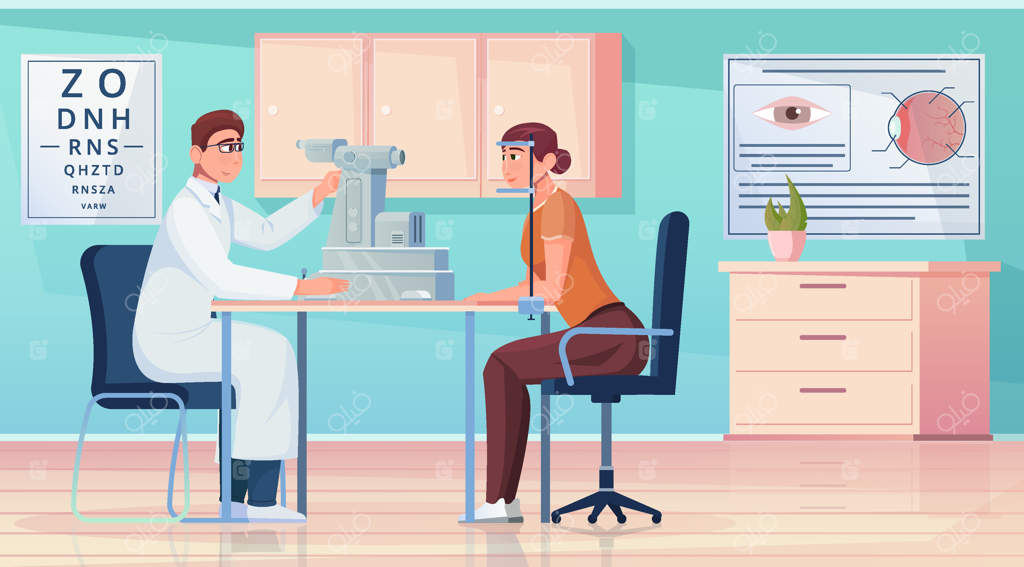 خدمات پزشکی چشم‌پزشکی: معاینه بیمار توسط پزشک در کلینیک (تصویرسازی)