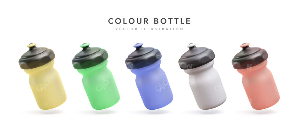 مجموعه بطری‌های پلاستیکی رنگی واقع‌گرایانه در پس‌زمینه سفید