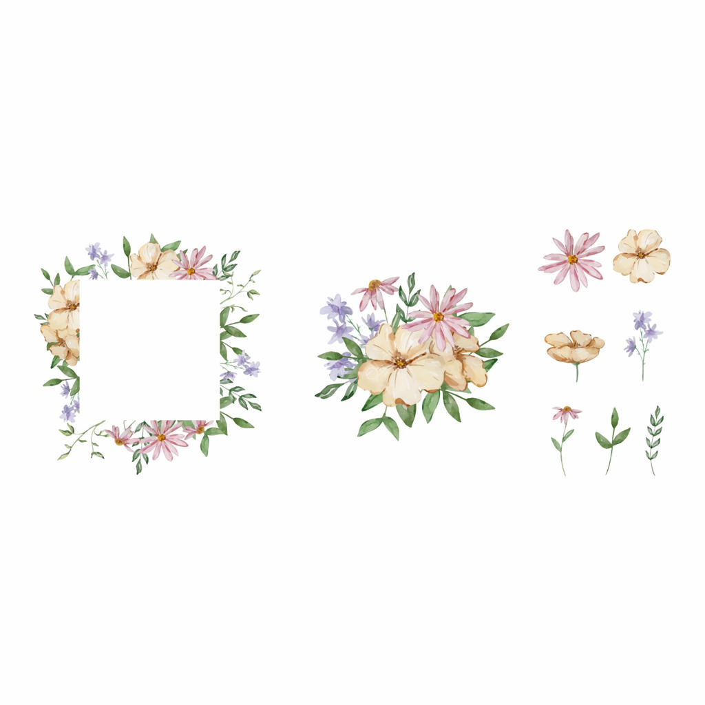 حاشیه‌ای با گل‌ها و برگ‌های باغ به سبک آبرنگ