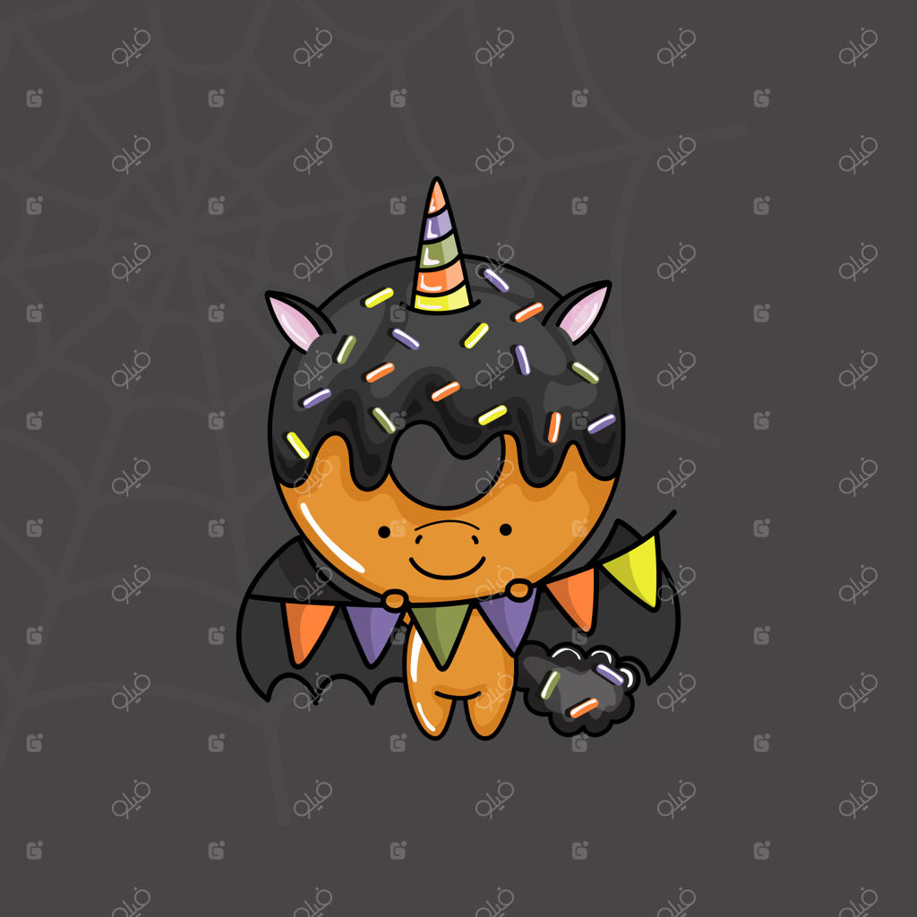 کلیپ آرت یونیکورن دونات هالووینی بامزه برای رنگ‌آمیزی و تصویرگری. هالووین شاد با یونیکورن!