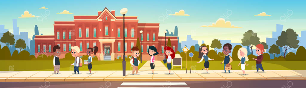 گروهی از دانش‌آموزان با نژادهای مختلف مقابل ساختمان مدرسه ابتدایی ایستاده‌اند