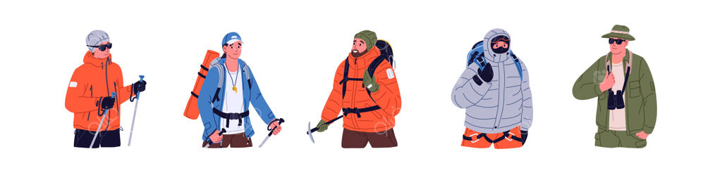 مجموعه وکتور کوهنوردان و طبیعت‌گردان با کوله‌پشتی و تجهیزات؛ تصویرسازی تخت گردشگران و کوله‌گردها در حال پیاده‌روی در تابستان و زمستان با پس‌زمینه سفید