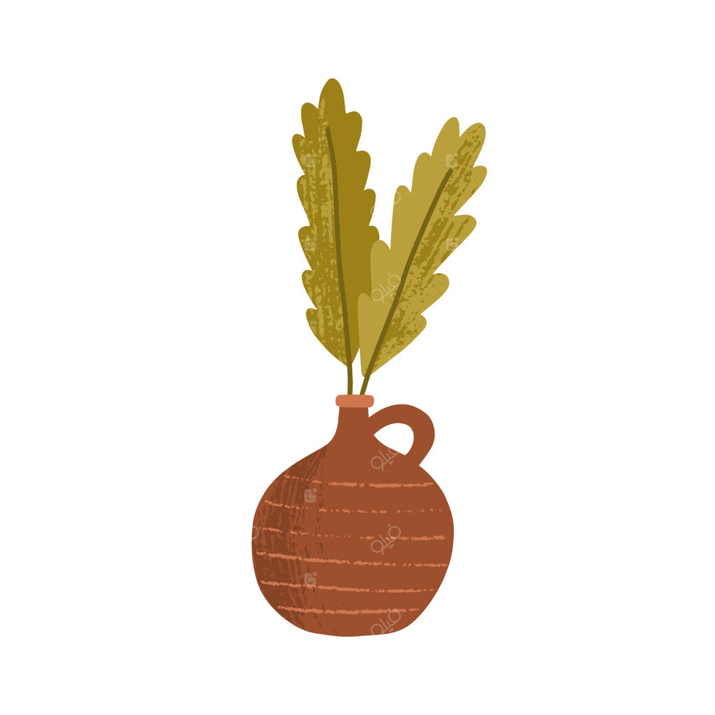 گلدان سفالی با برگ‌های سبز: تزئین ساده و شیک برای دکوراسیون داخلی خانه به سبک اسکاندیناوی.