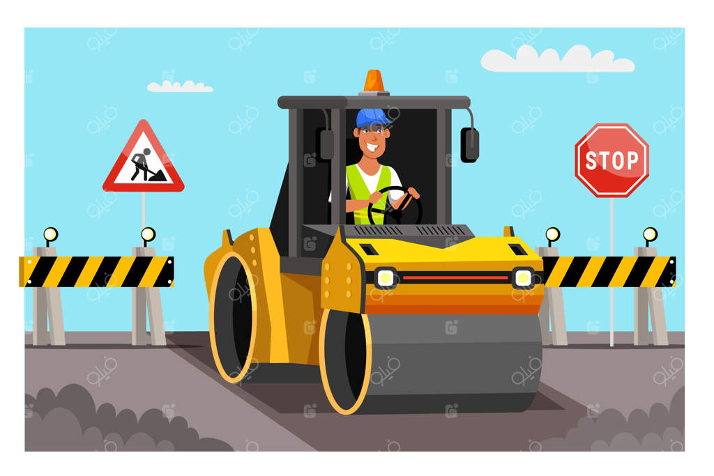 غلتک راهسازی در حال آسفالت‌ریزی جدید - راننده پشت ماشین آسفالت‌کاری نزدیک علائم هشدار راننده و تابلوهای راهنما