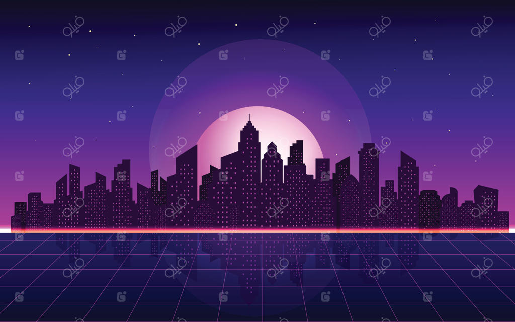 تصویر باشکوه شهری هنگام غروب با انعکاس وکتور حرفه‌ای