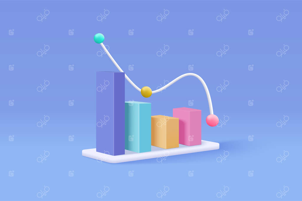 نمودار سه‌بعدی با روند نزولی روی زمینه آبی - مفهوم شکست کسب‌وکار و روند منفی، نمودار میله‌ای درحال سقوط برای سرمایه‌گذاری مالی و نمایش سه‌بعدی نماد معاملات سهام