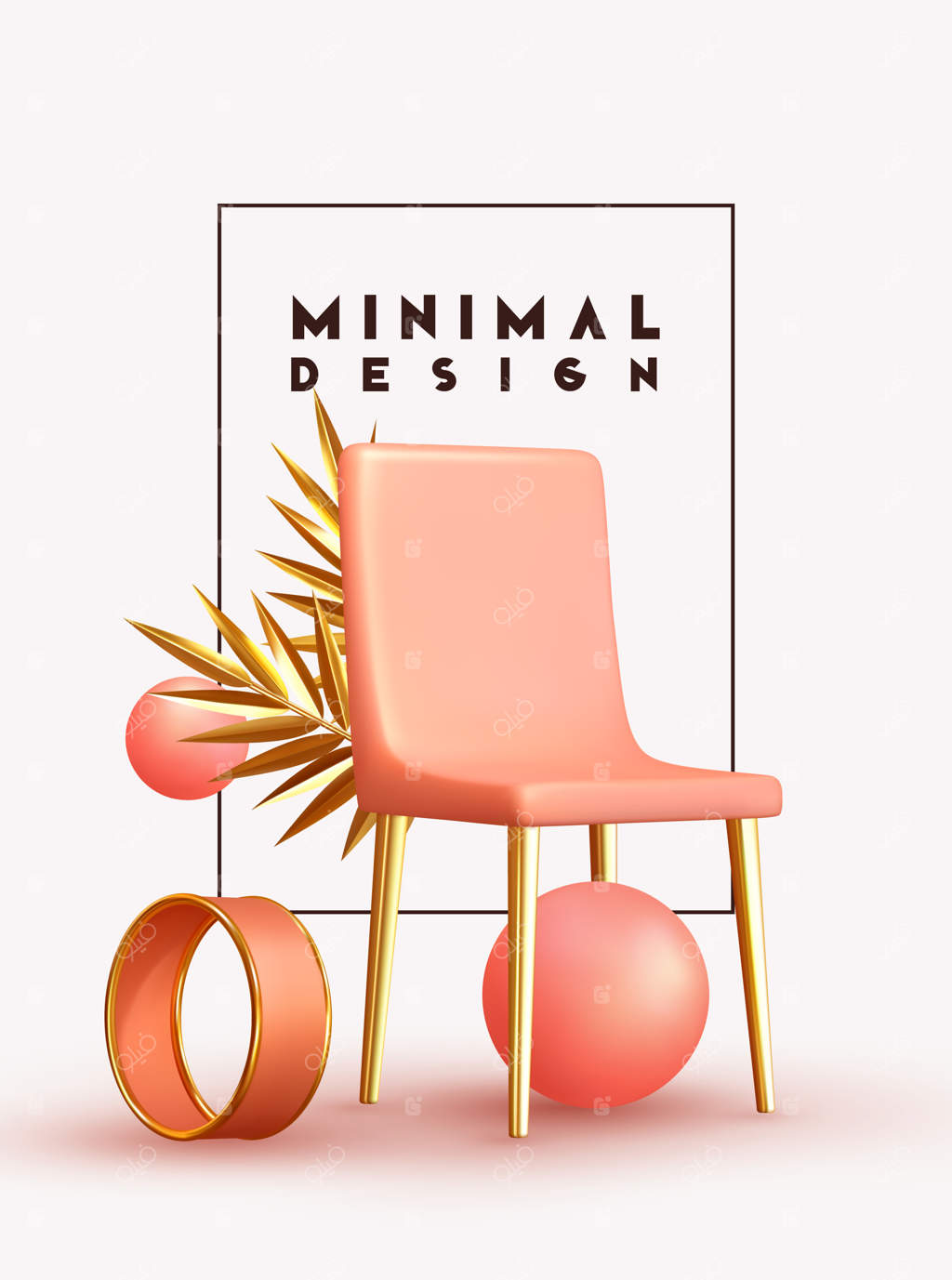 پس‌زمینه مینیمال و خلاقانه انتزاعی: طراحی واقع‌گرایانه اشیای سه‌بعدی با اشکال مختلف، شامل صندلی صورتی، برگ‌های شاخه نخل طلایی، کره مرجانی، توپ گرد و بادکنک‌های به رنگ رز. تصویرسازی وکتور.