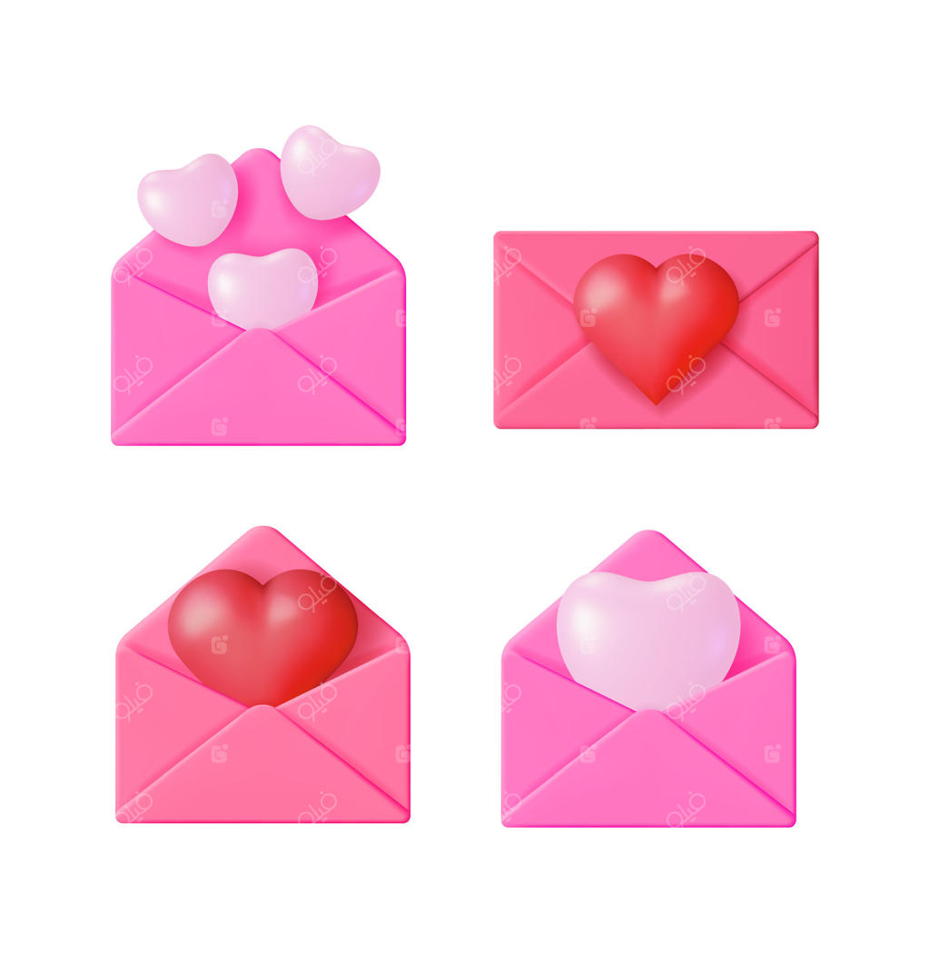 مجموعه آیکون سه‌بعدی نامه، پاکت و نماد قلب. اعلان شبکه اجتماعی. پیام دوست‌داشتنی. کارت تبریک روز ولنتاین.