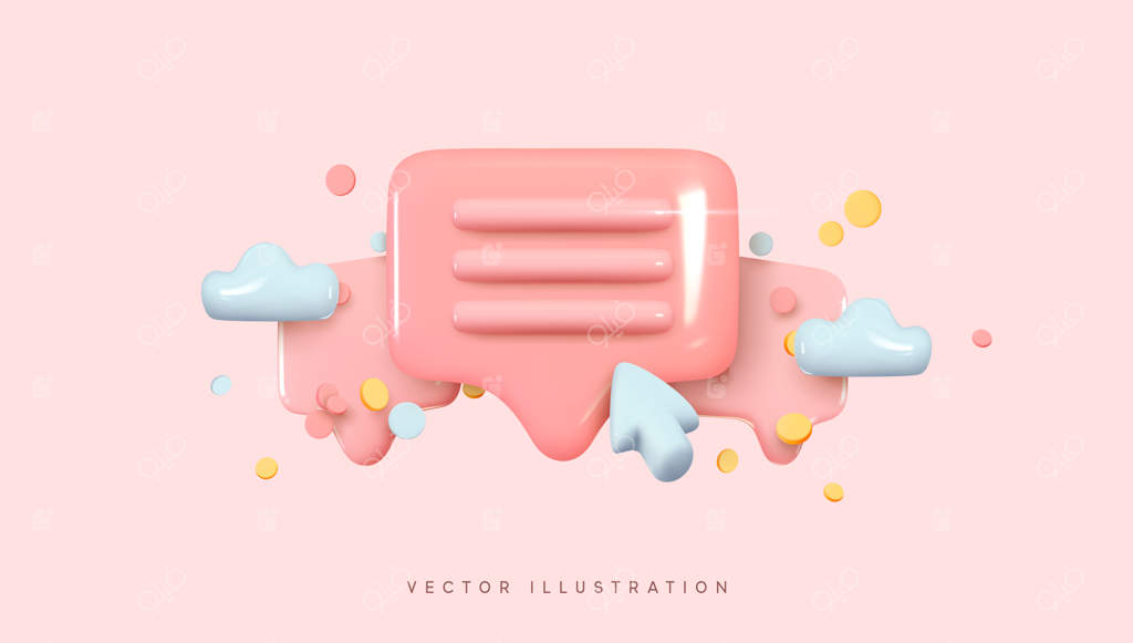 نماد اعلان پیام: طراحی سه‌بعدی واقع‌گرایانه پیام جدید. حباب گفت‌وگو، چت و پیام‌رسان. کلیک نشانه‌گر بر روی دیالوگ. تصویر‌سازی وکتور