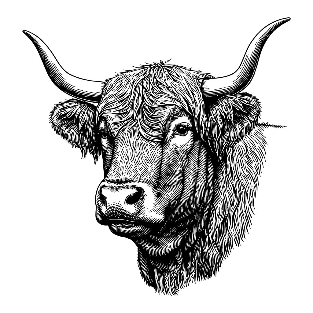 طراحی خطی و سیاه و سفید سر گاو هایلند با موهای بلند به سبک حکاکی قدیمی