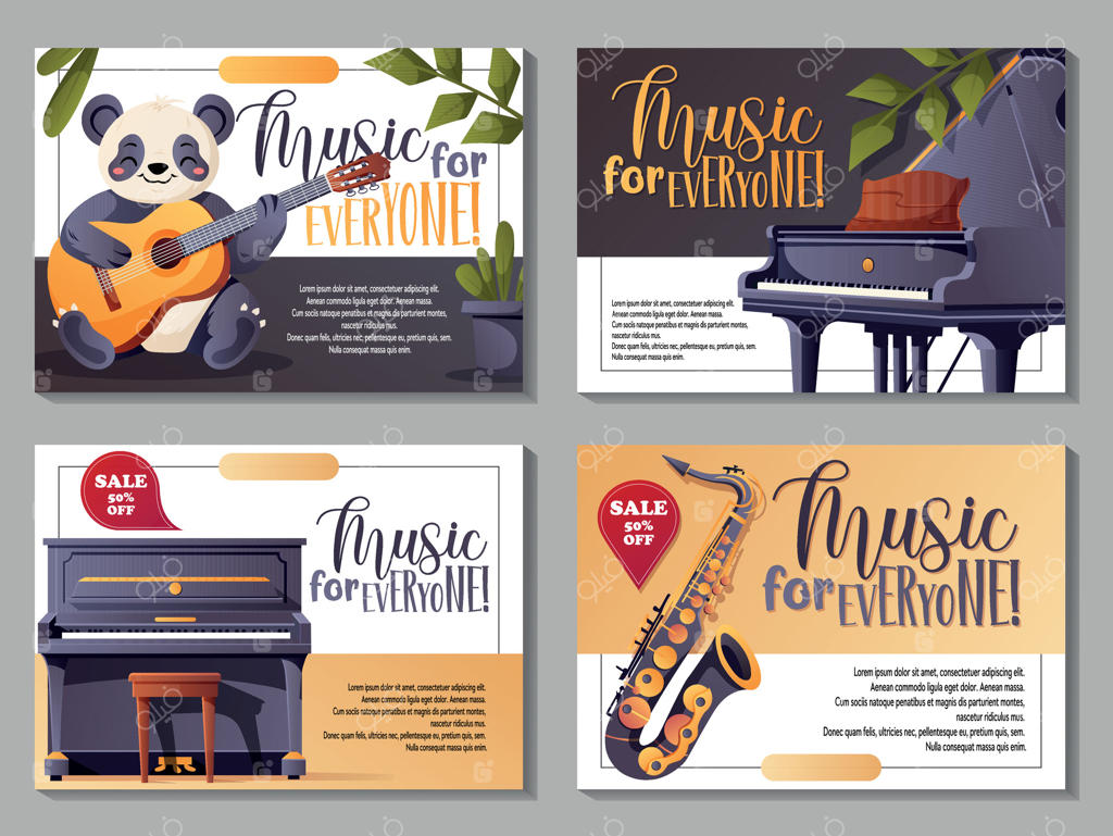 بنرهای موسیقی با تصاویر سازها و برچسب‌های فروش جذاب